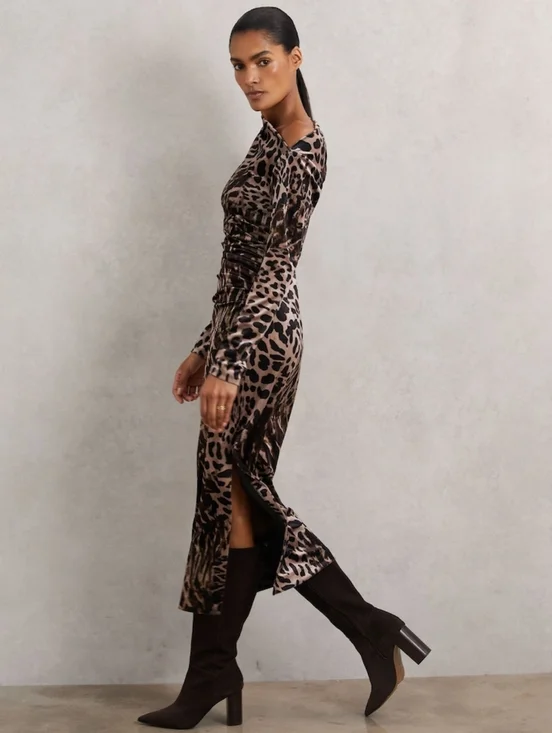 Reiss Briana Velvet Leopard Midi Dress Black/Brown Off Shoulder Long Women's 8 - Picture 11 of 11